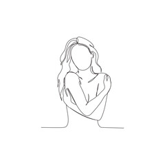 a woman’s side face  modern aesthetic pose,  long airy wavy hair drawn with smooth curves continuous line art outline