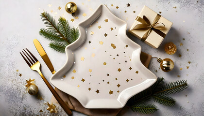 Elegant Christmas table setting with golden accents and tree shaped plate creates festive holiday cheer, perfect for seasonal promotions and family celebrations