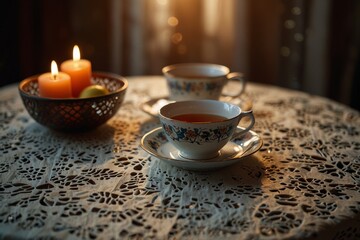 Fototapeta premium Christmas still life with tea mug and vintage postcards retro holiday décor — ai