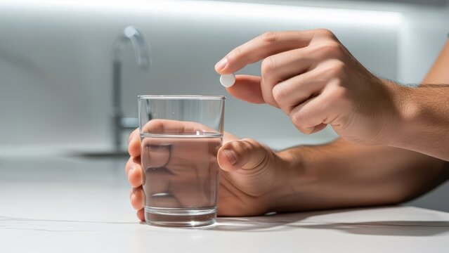Male hands holding pill and glass of water in kitchen setting