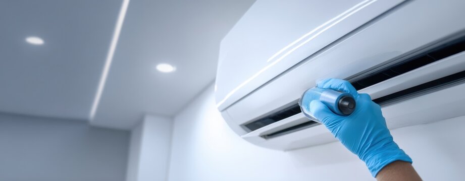 The Air Conditioner Technician Inspecting Indoor Split Unit with Gloved Hand and Screwdriver