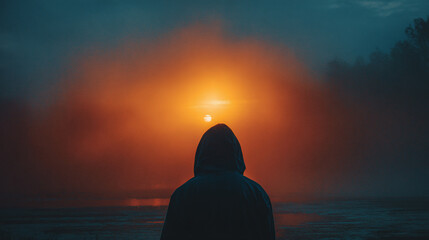 Silhouette of a hooded figure stands watching a vibrant sunset, the fiery colors contrasting against the cool blue of the distant landscape.