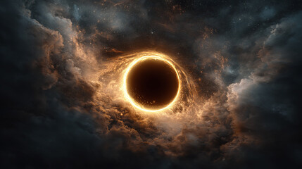 Awe-Inspiring Black Hole: Swirling clouds of light and stardust surround a mysterious cosmic entity in the infinite depths of space.