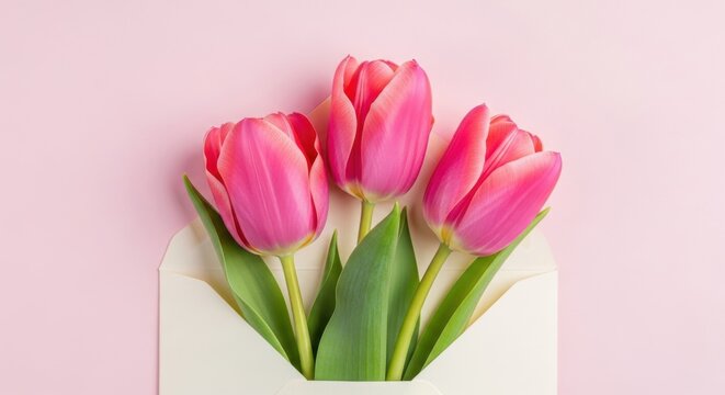 Pink tulips in a cream envelope on pastel background