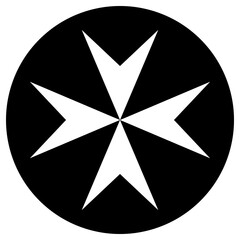 Monochrome vector graphic of a white maltese cross on a black background. The Maltese cross symbolizes courage, chivalry, and protection, most famously associated with the Knights of St. John