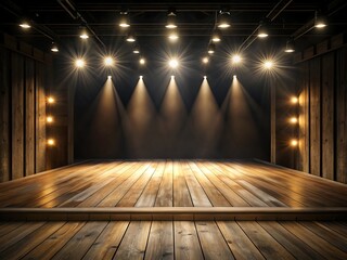 Empty wooden stage with bright spotlight