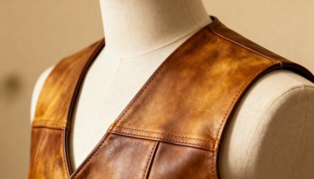 Tailor fitting a custom cowhide leather vest on a mannequin highlighting classic design and natural material features indoors. - Powered by Adobe