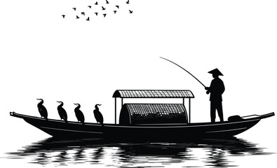 Traditional Fisherman Silhouette on a Long Boat with Fishing Rod and Cormorants, Including Birds Flying Above for Leisure, Travel, Nature, or Asian Culture Vector