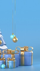 Happy New Year 2026 Greeting Card with Snowy Forest and Glowing Text, and gift box, caramel, snowflake and deer. 3d render animation