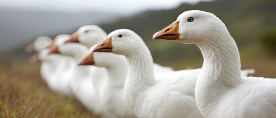 Obraz premium Group of white geese walking in a grassy field during daylight near a lush landscape with trees in the background