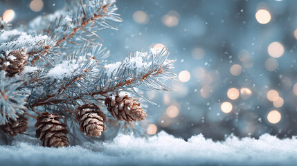 A serene winter scene featuring snow-covered pine boughs adorned with cones, set against a softly blurred background of festive lights.
