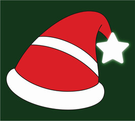 A cartoon Santa hat with a white stripe and a white star on a green background for Christmas season vector