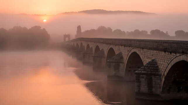 Ancient stone bridge over river at sunrise in fog