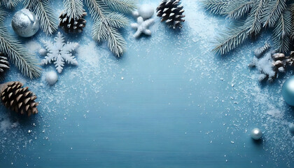 Elegant winter background with snowy pine cones and silver ornaments creating a festive holiday mood for cards, invitations, and seasonal promotions