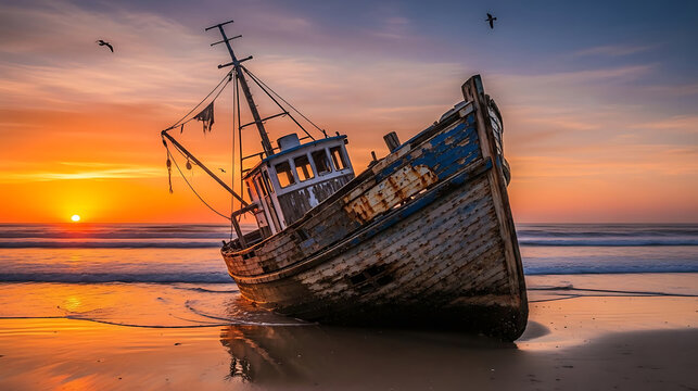 Wrecked fishing boat stranded on beach at sunset