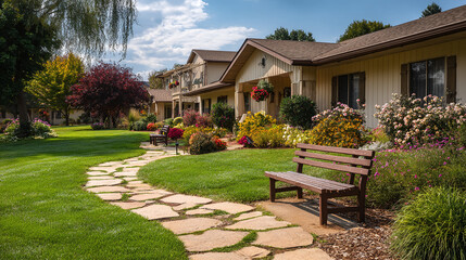 Scenic walkway meanders through lush gardens, with benches inviting rest, in front of serene residential buildings. A tranquil, inviting scene.