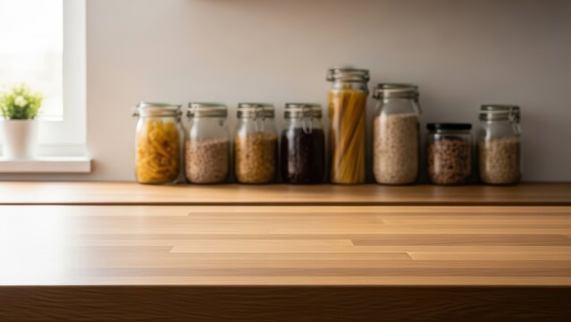 Organized kitchen jars with pasta and grains on wooden countertop - Powered by Adobe