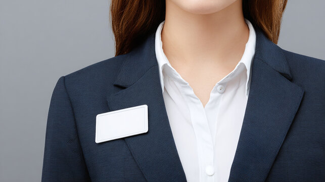 Professional image of a woman wearing a dark blazer, a white shirt, and a blank name tag, against a neutral background, for corporate use.