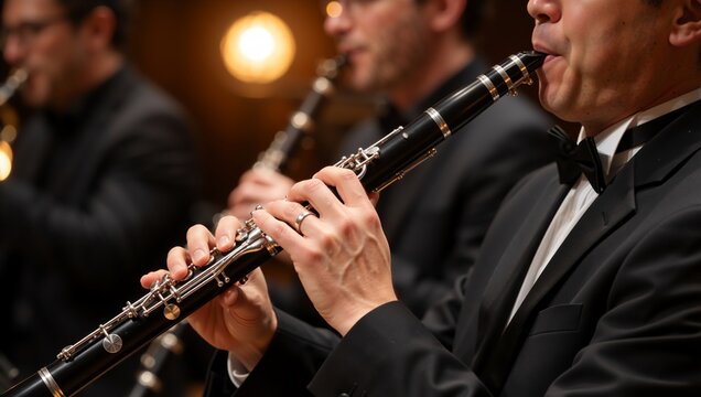 Close-up of a clarinetist playing in a symphony orchestra. Professional musician in a tuxedo performing at a classical music concert