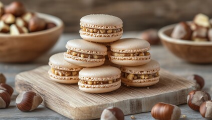Delicious Homemade Macarons Stacked on a Wooden Board With Nuts in the Background