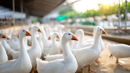 Obraz premium Group of white ducks gathered near a farm enclosure during a sunny afternoon, showcasing their vibrant feathers and tranquil surroundings