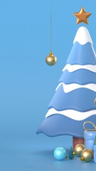 Happy New Year 2026 Greeting Card with Snowy Forest and Glowing Text, and gift box, caramel, snowflake and deer. 3d render animation