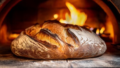 freshly baked artisan bread in a rustic oven with warm flames