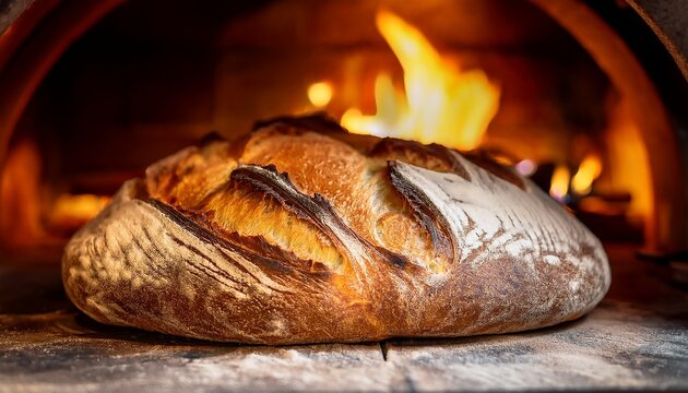 freshly baked artisan bread in a rustic oven with warm flames