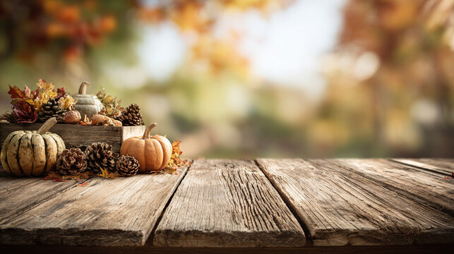 Capture the essence of the fall season with a rustic wooden table display of pumpkins, pinecones, and colorful leaves. Rustic vibes only!