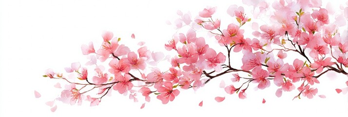 Obraz premium Delicate pink cherry blossom branch with falling petals on white background
