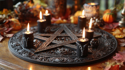 Elegantly eerie: A dark, gothic altar with lit candles set amidst autumn foliage, creating a captivating and mysterious autumnal ambiance.
