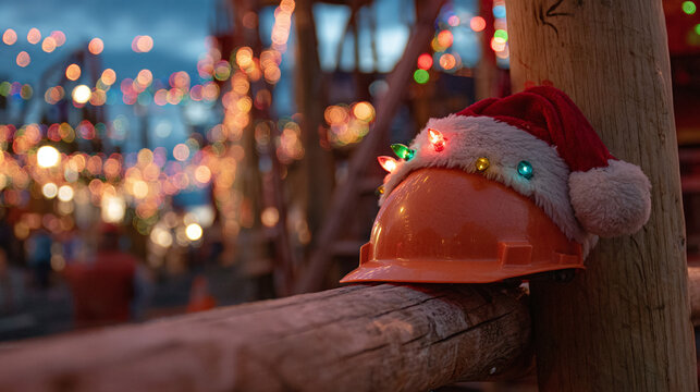 Festive break on site: Hard hat topped with a Santa hat, adorned with fairy lights, sitting on a wooden beam, bokeh background. - Powered by Adobe