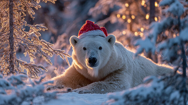 A polar bear wears a red Santa hat while it relaxes in a snowy, wintry scene with warm, golden lights twinkling in the background, adding cheer.