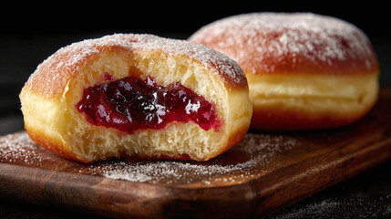 Fresh, homemade donuts filled with a sweet berry filling and dusted with powdered sugar on a wooden board offer a tasty treat.