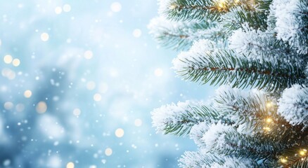 Snow-covered Pine Branches Glisten in a Winter Wonderland With Soft Falling Snowflakes