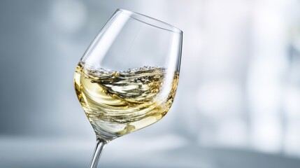 Naklejka premium Elegant Wine Glass with White Wine Swirling, Reflecting Sophistication and Taste in a Blurred Background