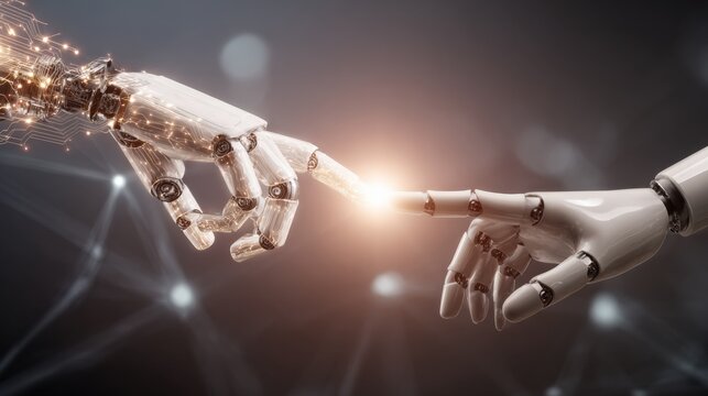 Robot Hands Touching with Futuristic Energy, Artificial Intelligence and Connection Concept with Digital Network