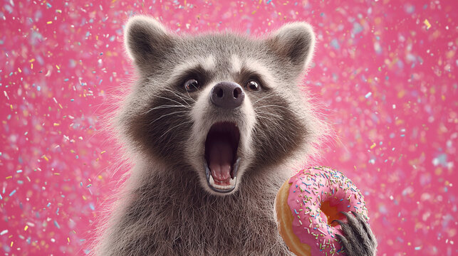 A raccoon, surprised by a frosted donut, with confetti falling around it, makes it a sweet scene with a funny reaction. So cute, such treat!