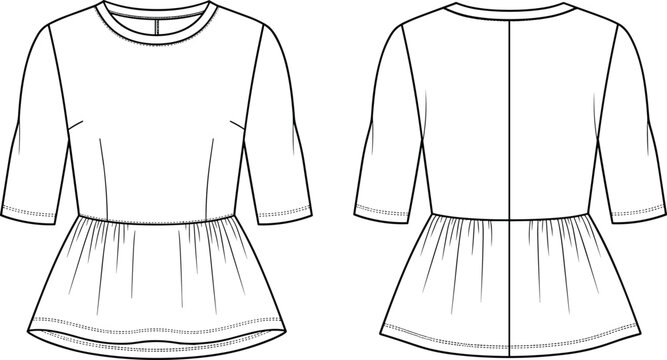 Women's peplum top with three quarter sleeves and gathered waist, front and back technical fashion sketch, cad drawing flat vector illustration