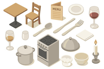 Isometric restaurant icons: table, chair, menu, utensils, stove, dishware, glasses, candle