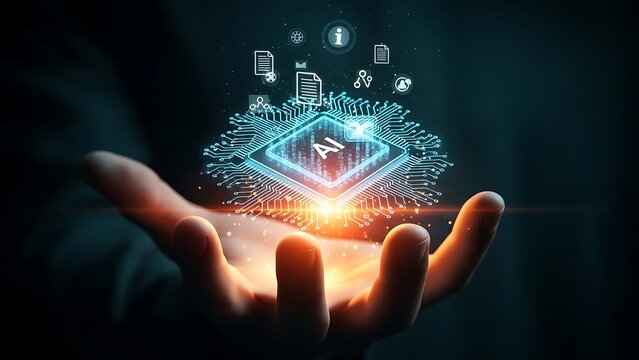 Hand holding glowing digital ai chip with data icons floating above