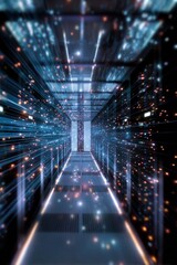 Futuristic data center corridor with dynamic light trails and digital effects