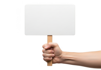 Hand holding a blank white sign isolated on transparent background