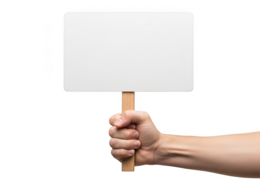 Hand holding a blank white sign isolated on transparent background