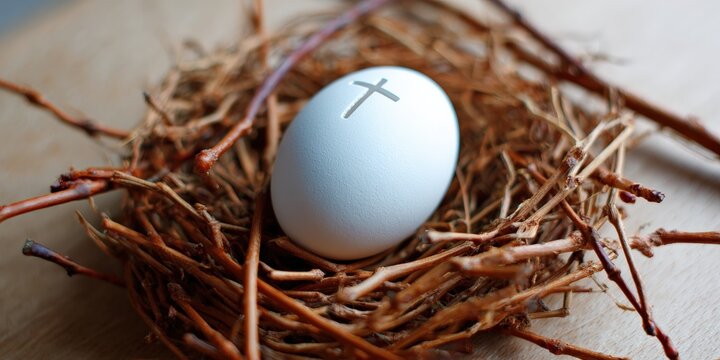 White egg with cross in nest of twigs - symbol of resurrection and new beginnings