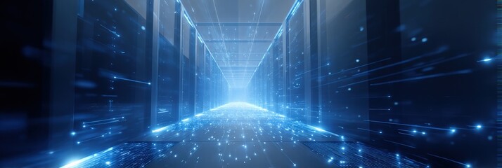 Naklejka na ściany i meble Futuristic digital data corridor with blue light streaks in a server room