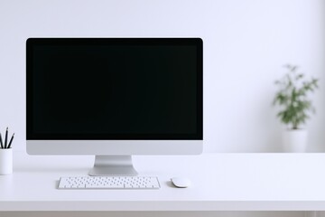 Fototapeta premium Sleek Minimalist Desktop Computer Setup on White Desk with Plant for Modern Workspace Mockup