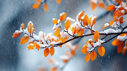 Golden leaves covered in fresh snow create a striking contrast against the cool, blurred background in this serene, wintry scene.