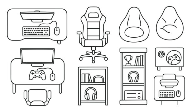 Line art of gaming room essentials: chair, console, desk, accessories, and storage