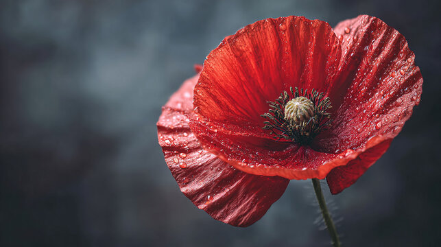 A close-up of a beautiful, red flower with delicate water droplets on its petals, showcasing its vibrant color and intricate details in full bloom.